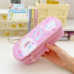 Cartoon high appearance horizontal double layer pen case Cute large capacity pencil case Female Japanese style PU waterproof