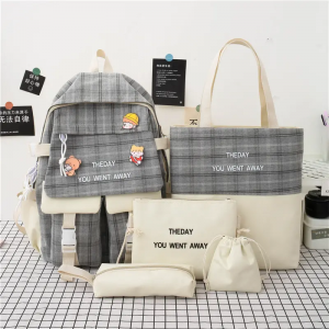 New simple fashion small fresh check school five – piece bag set