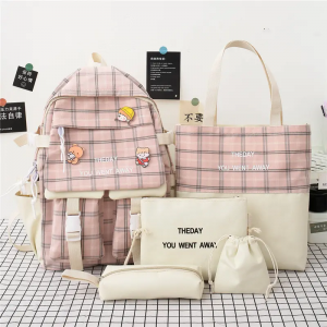 New simple fashion small fresh check school five – piece bag set