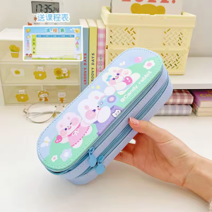 Cartoon high appearance horizontal double layer pen case Cute large capacity pencil case Female Japanese style PU waterproof