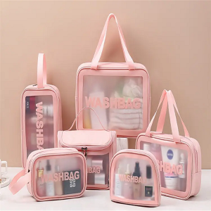 Pu transparent three piece cosmetic and wash bag large capacity PVC bath bag translucent frosting portable storage bag