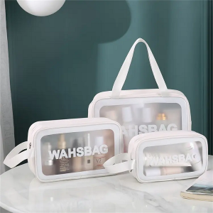 Pu transparent three piece cosmetic and wash bag large capacity PVC bath bag translucent frosting portable storage bag