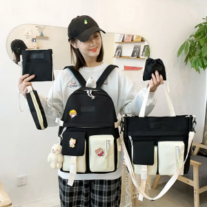 New 2023 Female College Student five piece set Korean contrast canvas campus junior middle school student schoolbag