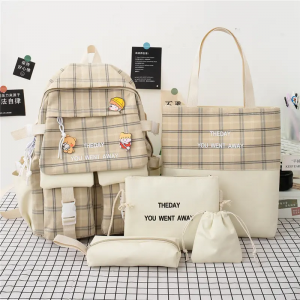 New simple fashion small fresh check school five – piece bag set