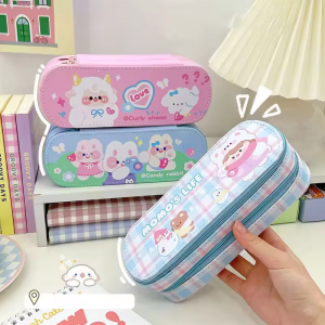 Cartoon high appearance horizontal double layer pen case Cute large capacity pencil case Female Japanese style PU waterproof