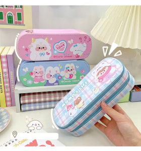 Cartoon high appearance horizontal double layer pen case Cute large capacity pencil case Female Japanese style PU waterproof