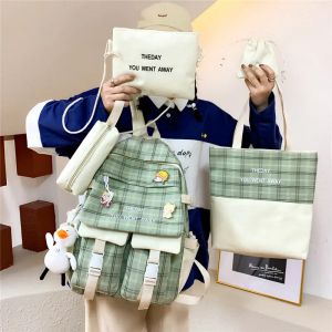 New simple fashion small fresh check school five – piece bag set